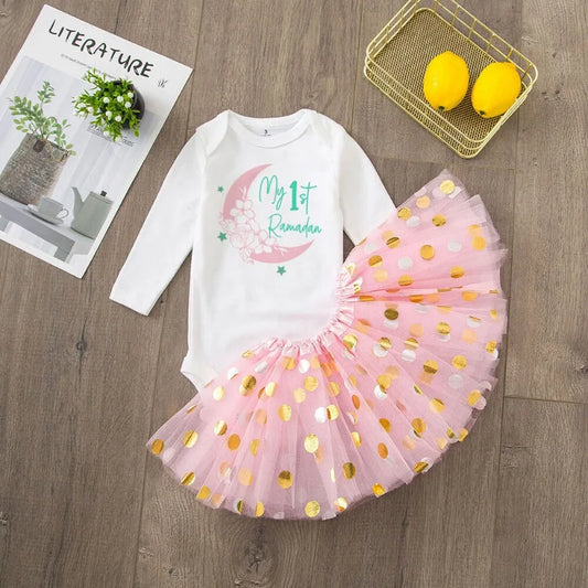 My First Ramadan Girl Baby Dress Baby Romper +Tulle Tutu Skirt Long Sleeve Tutu Dress Set My 1st Ramamdan Newborn Clothing