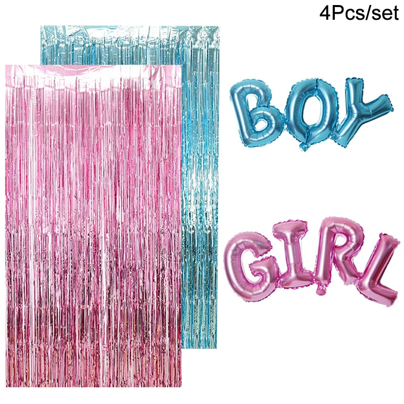 Gender Reveal Decoration Fringe Curtain Blue Pink Boy Girl Foil Balloon Gender Reveal Party Supplies Baby Shower Photo Backdrop