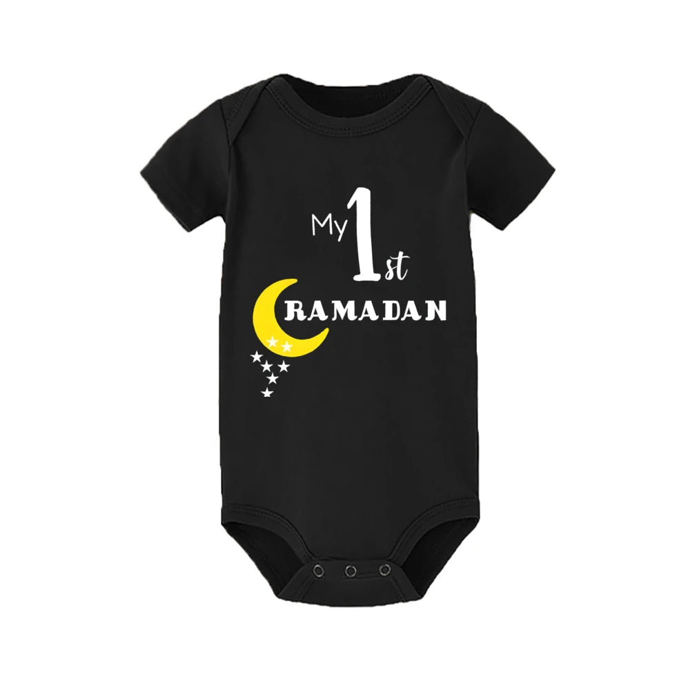 My 1st Ramadan Baby Romper Moon Star Print Short Sleeve Jumpsuit 1st Ramadan Newborn Bodysuit Muslim Festival Infant Clothes