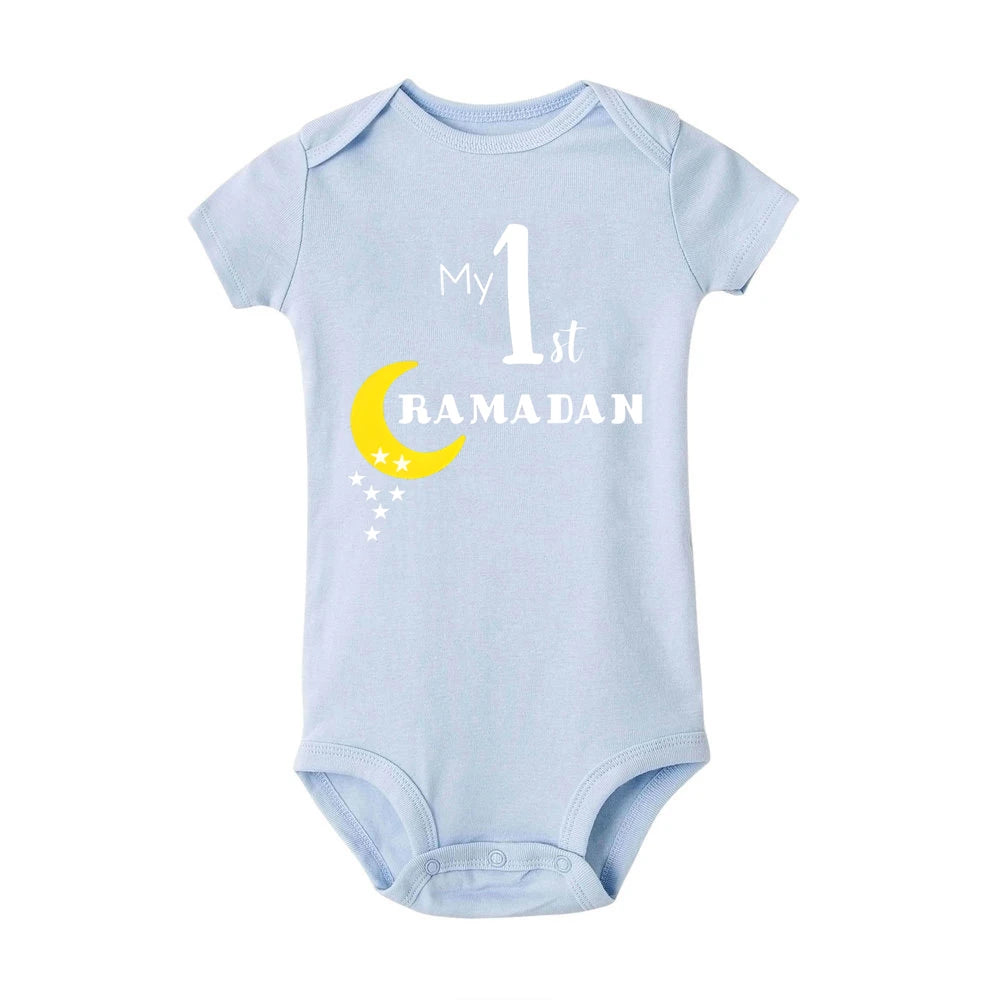 My 1st Ramadan Baby Romper Moon Star Print Short Sleeve Jumpsuit 1st Ramadan Newborn Bodysuit Muslim Festival Infant Clothes
