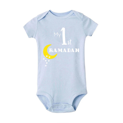 My 1st Ramadan Baby Romper Moon Star Print Short Sleeve Jumpsuit 1st Ramadan Newborn Bodysuit Muslim Festival Infant Clothes
