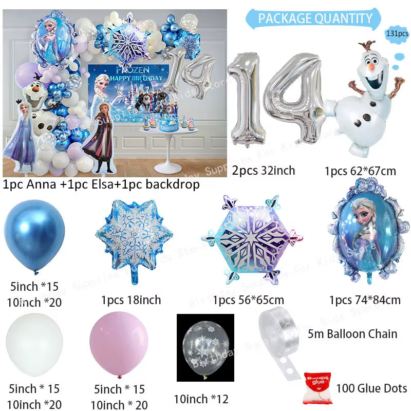 Frozen-Themed Birthday Party Decoration Set featuring Anna, Elsa, Olaf, Snowflake Banner, Backdrop, Balloons Kit, Foil Garland, and Balloon Arch for Baby Showers.