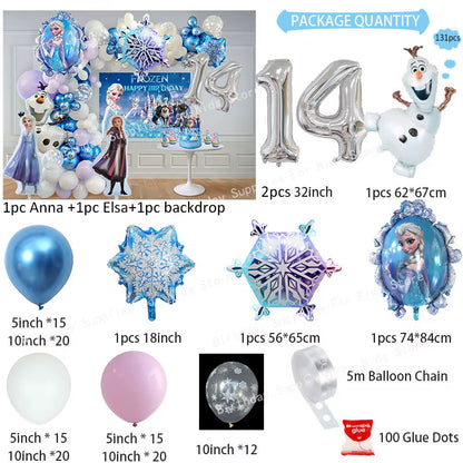 Frozen-Themed Birthday Party Decoration Set featuring Anna, Elsa, Olaf, Snowflake Banner, Backdrop, Balloons Kit, Foil Garland, and Balloon Arch for Baby Showers.