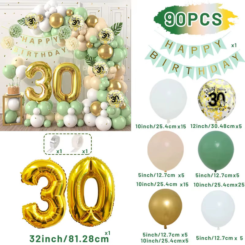 Macaron Green and Gold Balloon Garland Arch Kit with Latex Balloons for Happy 18th, 30th, 40th, and 50th Birthdays, Adult Parties, Anniversaries, and Decor