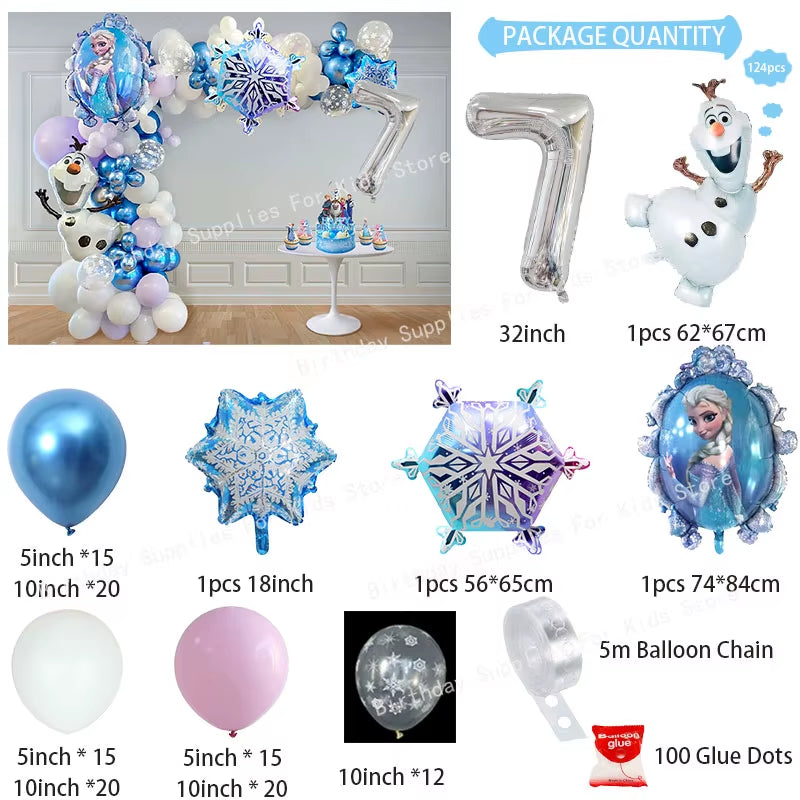 Frozen-Themed Birthday Party Decoration Set featuring Anna, Elsa, Olaf, Snowflake Banner, Backdrop, Balloons Kit, Foil Garland, and Balloon Arch for Baby Showers.
