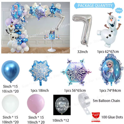 Frozen-Themed Birthday Party Decoration Set featuring Anna, Elsa, Olaf, Snowflake Banner, Backdrop, Balloons Kit, Foil Garland, and Balloon Arch for Baby Showers.