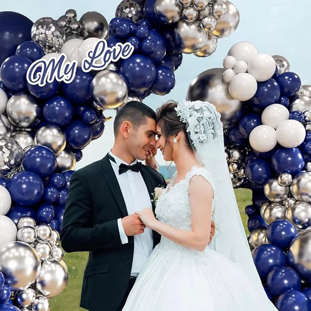 Navy Blue, White, and Gold Confetti Balloon Garland Arch Kit for Weddings, Birthdays, Baby Showers, and Party Decorations