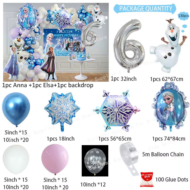 Frozen-Themed Birthday Party Decoration Set featuring Anna, Elsa, Olaf, Snowflake Banner, Backdrop, Balloons Kit, Foil Garland, and Balloon Arch for Baby Showers.