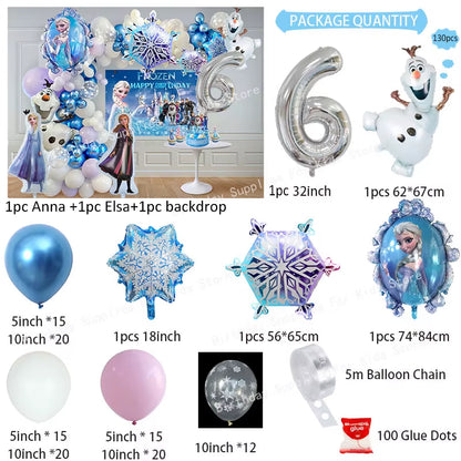 Frozen-Themed Birthday Party Decoration Set featuring Anna, Elsa, Olaf, Snowflake Banner, Backdrop, Balloons Kit, Foil Garland, and Balloon Arch for Baby Showers.