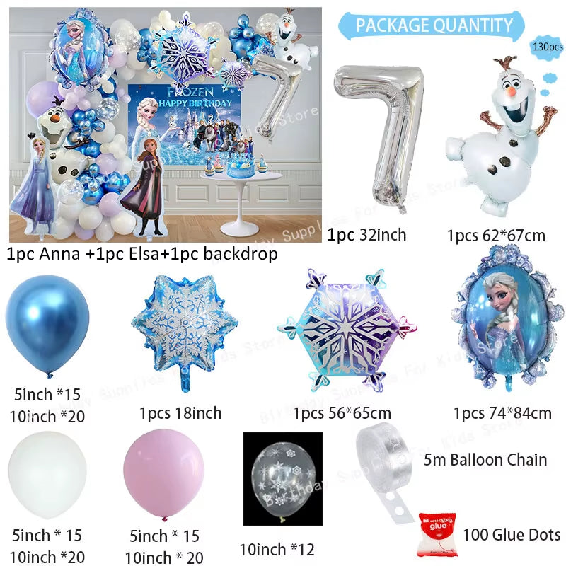 Frozen-Themed Birthday Party Decoration Set featuring Anna, Elsa, Olaf, Snowflake Banner, Backdrop, Balloons Kit, Foil Garland, and Balloon Arch for Baby Showers.