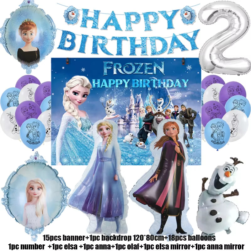 Frozen-Themed Birthday Party Decoration Set featuring Anna, Elsa, Olaf, Snowflake Banner, Backdrop, Balloons Kit, Foil Garland, and Balloon Arch for Baby Showers.