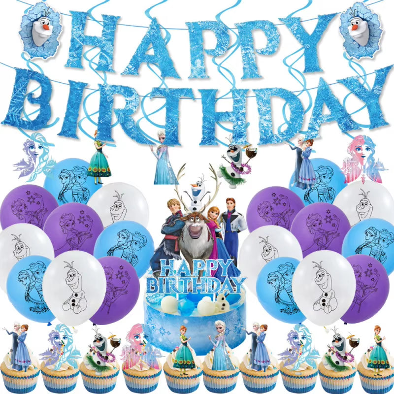 Frozen-Themed Birthday Party Decoration Set featuring Anna, Elsa, Olaf, Snowflake Banner, Backdrop, Balloons Kit, Foil Garland, and Balloon Arch for Baby Showers.