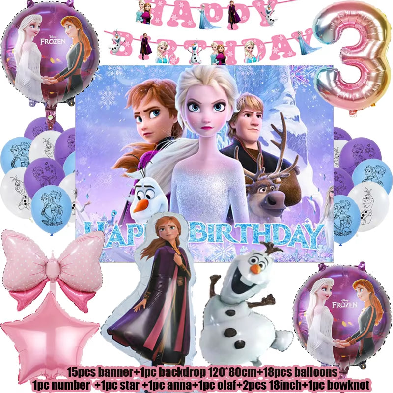 Frozen-Themed Birthday Party Decoration Set featuring Anna, Elsa, Olaf, Snowflake Banner, Backdrop, Balloons Kit, Foil Garland, and Balloon Arch for Baby Showers.
