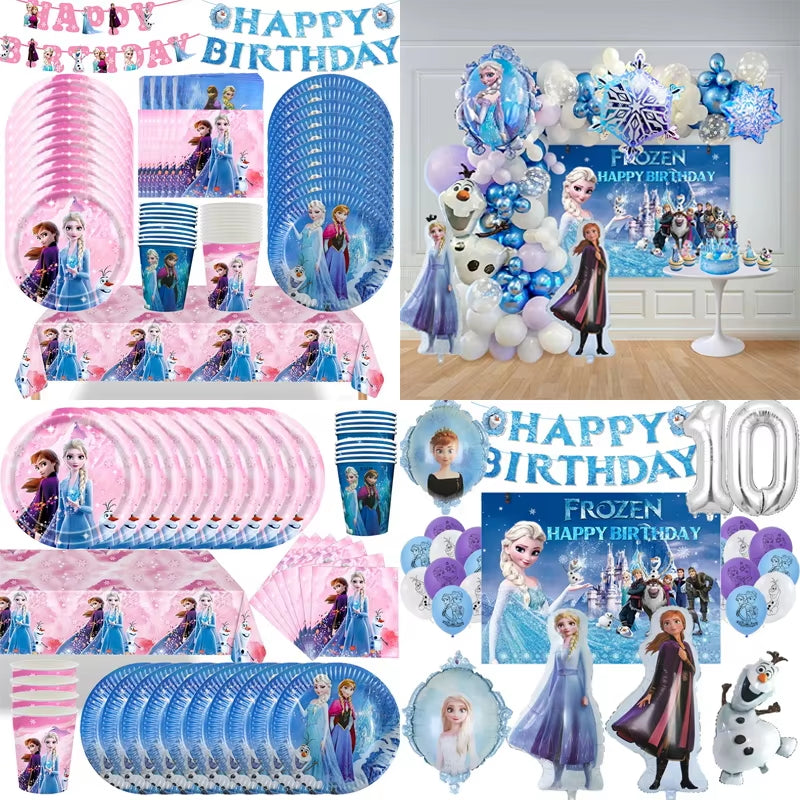 Frozen-Themed Birthday Party Decoration Set featuring Anna, Elsa, Olaf, Snowflake Banner, Backdrop, Balloons Kit, Foil Garland, and Balloon Arch for Baby Showers.