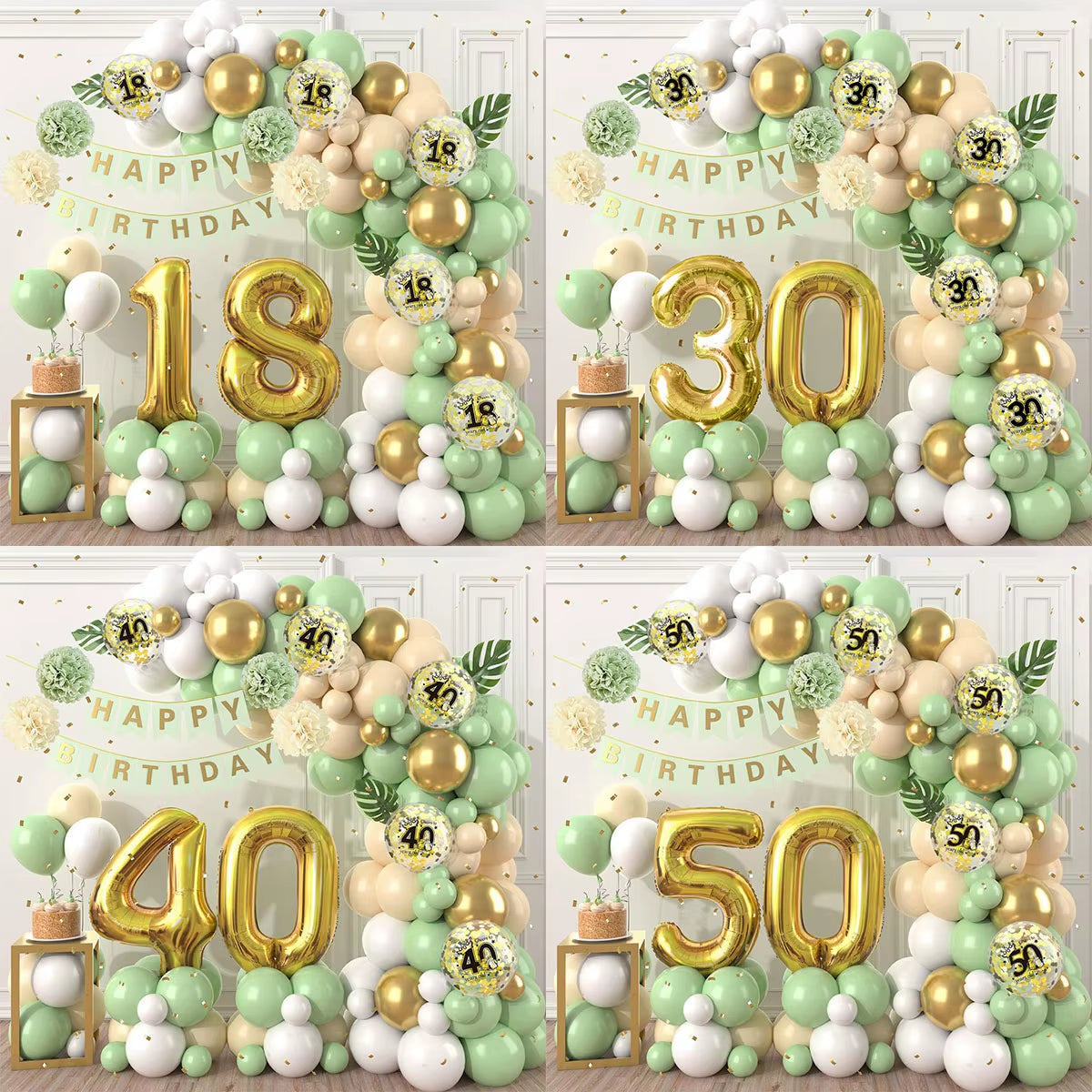 Macaron Green and Gold Balloon Garland Arch Kit with Latex Balloons for Happy 18th, 30th, 40th, and 50th Birthdays, Adult Parties, Anniversaries, and Decor