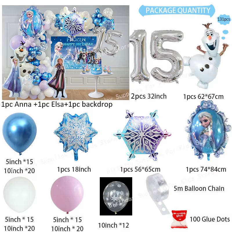 Frozen-Themed Birthday Party Decoration Set featuring Anna, Elsa, Olaf, Snowflake Banner, Backdrop, Balloons Kit, Foil Garland, and Balloon Arch for Baby Showers.