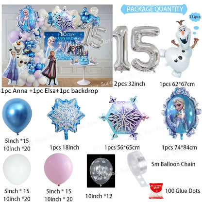 Frozen-Themed Birthday Party Decoration Set featuring Anna, Elsa, Olaf, Snowflake Banner, Backdrop, Balloons Kit, Foil Garland, and Balloon Arch for Baby Showers.