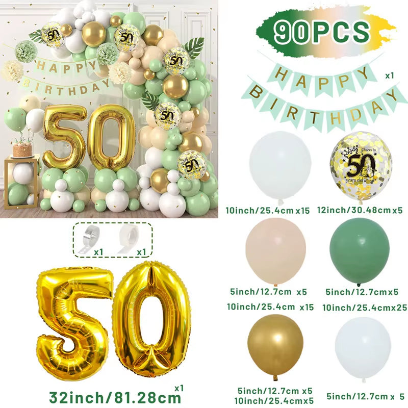 Macaron Green and Gold Balloon Garland Arch Kit with Latex Balloons for Happy 18th, 30th, 40th, and 50th Birthdays, Adult Parties, Anniversaries, and Decor