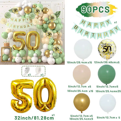 Macaron Green and Gold Balloon Garland Arch Kit with Latex Balloons for Happy 18th, 30th, 40th, and 50th Birthdays, Adult Parties, Anniversaries, and Decor