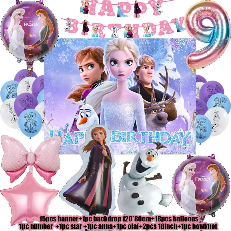 Frozen-Themed Birthday Party Decoration Set featuring Anna, Elsa, Olaf, Snowflake Banner, Backdrop, Balloons Kit, Foil Garland, and Balloon Arch for Baby Showers.
