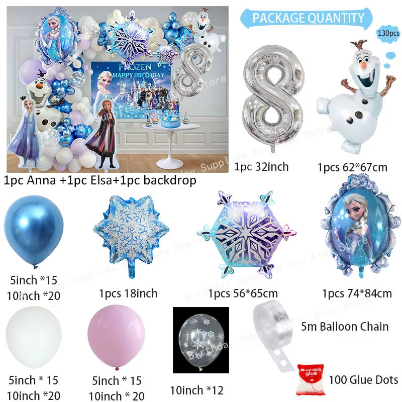 Frozen-Themed Birthday Party Decoration Set featuring Anna, Elsa, Olaf, Snowflake Banner, Backdrop, Balloons Kit, Foil Garland, and Balloon Arch for Baby Showers.