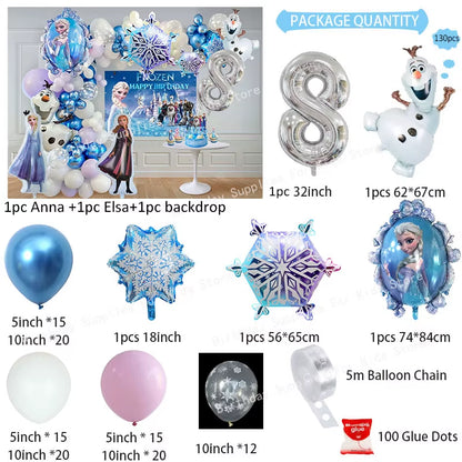 Frozen-Themed Birthday Party Decoration Set featuring Anna, Elsa, Olaf, Snowflake Banner, Backdrop, Balloons Kit, Foil Garland, and Balloon Arch for Baby Showers.