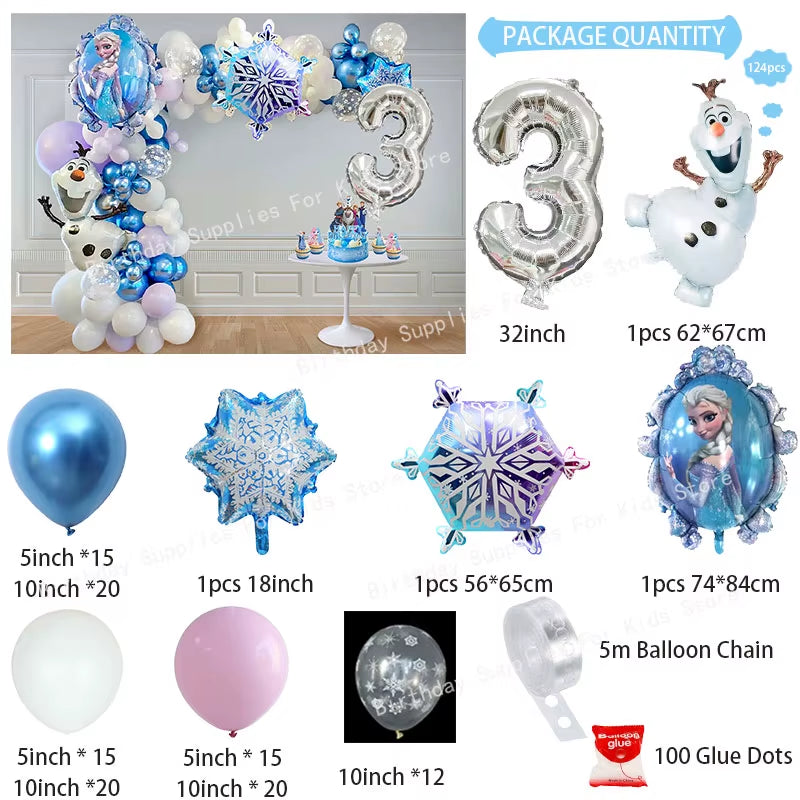 Frozen-Themed Birthday Party Decoration Set featuring Anna, Elsa, Olaf, Snowflake Banner, Backdrop, Balloons Kit, Foil Garland, and Balloon Arch for Baby Showers.