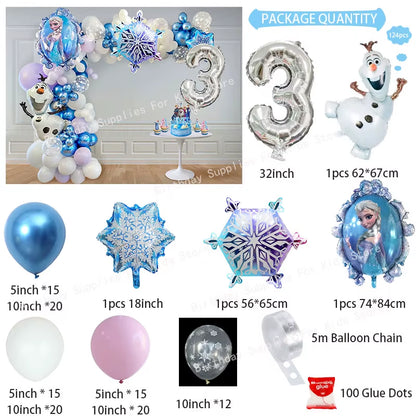 Frozen-Themed Birthday Party Decoration Set featuring Anna, Elsa, Olaf, Snowflake Banner, Backdrop, Balloons Kit, Foil Garland, and Balloon Arch for Baby Showers.