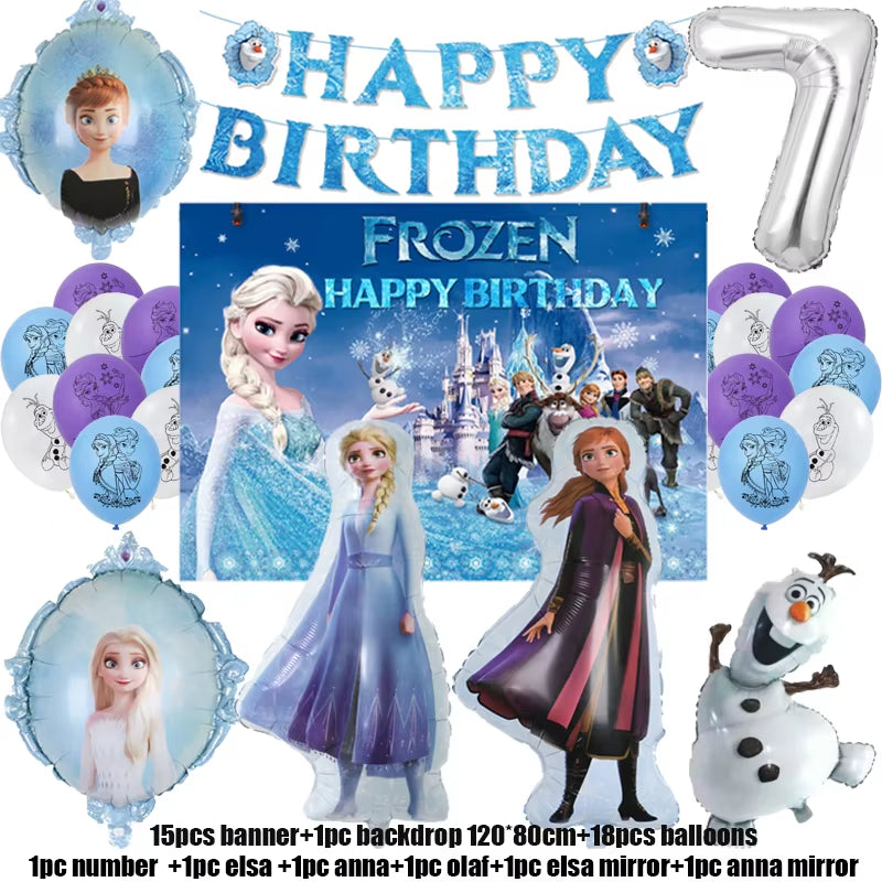 Frozen-Themed Birthday Party Decoration Set featuring Anna, Elsa, Olaf, Snowflake Banner, Backdrop, Balloons Kit, Foil Garland, and Balloon Arch for Baby Showers.