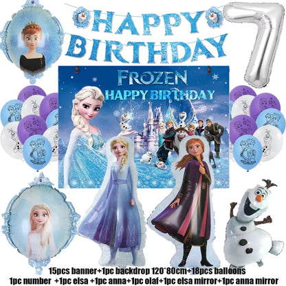 Frozen-Themed Birthday Party Decoration Set featuring Anna, Elsa, Olaf, Snowflake Banner, Backdrop, Balloons Kit, Foil Garland, and Balloon Arch for Baby Showers.