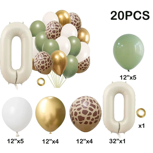 Jungle Safari Animal-Themed Party Decoration Set with Avocado Green and Cream Number Foil Balloons for Kids' Birthdays and Baby Showers